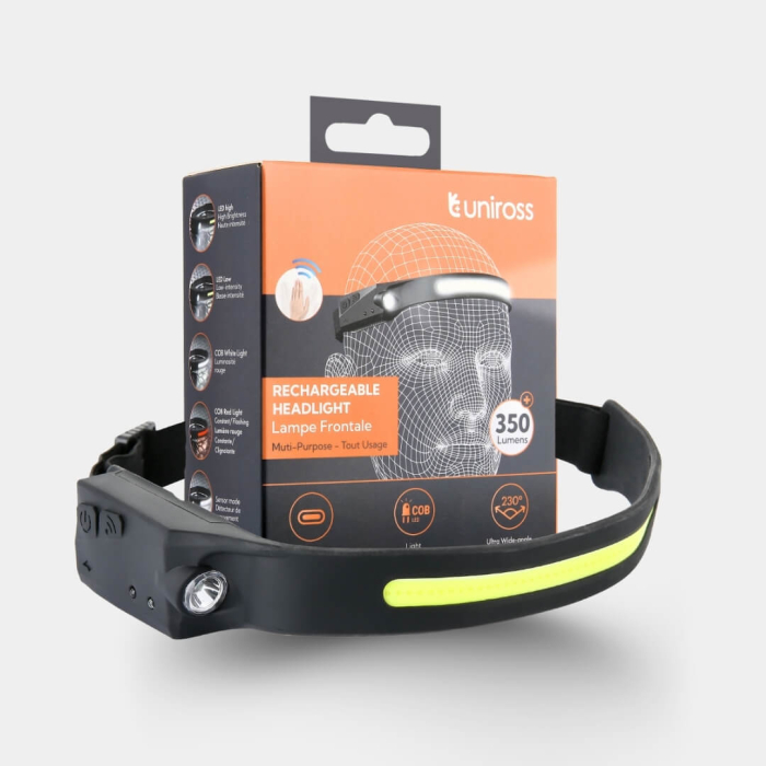 Lanterna frontala Uniross, 350 lm reincarcabila USB-C, fascicul luminos cu unghi larg de 230° IP44 [2]