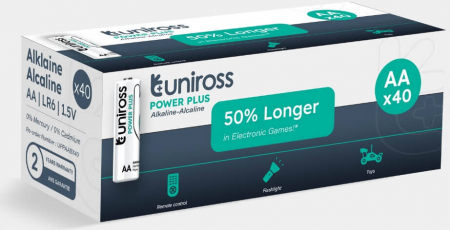 BATERII ALCALINE STANDARD - 40 baterii alcaline AA (R6) marca UNIROSS POWER PLUS ambalate intr-o cutie de carton