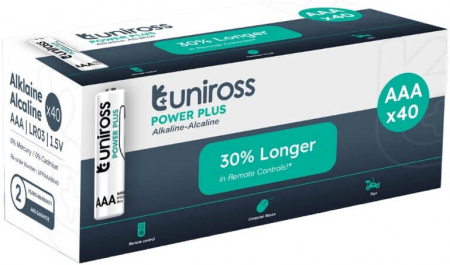 BATERII ALCALINE STANDARD - 40 baterii alcaline AAA (R3) marca UNIROSS POWER PLUS ambalate intr-o cutie de carton