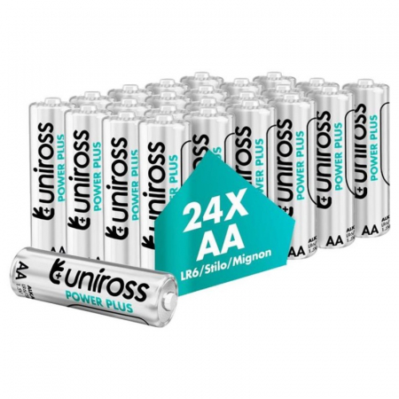 BATERII ALCALINE STANDARD - 24 baterii alcaline AA (R6) marca UNIROSS POWER PLUS ambalate intr-o cutie de carton