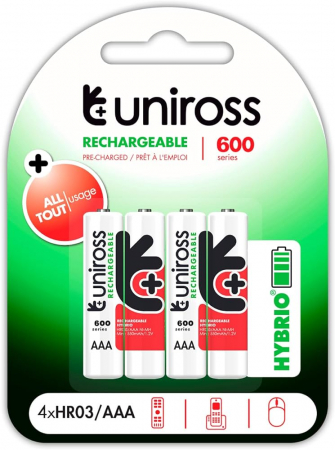 ACUMULATORI NiMH - 4 acumulatori NiMH AAA (R3) 600 mAh marca UNIROSS ambalati intr-un blister