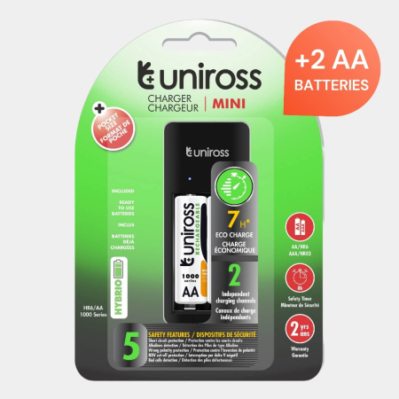 INCARCATOARE - Incarcator mini Uniross pentru ac. Ni-MH AA si AAA + 2 ac. AA incluse