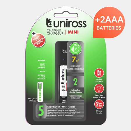 INCARCATOARE - Incarcator mini Uniross pentru ac. Ni-MH AA si AAA + 2 ac. AAA incluse