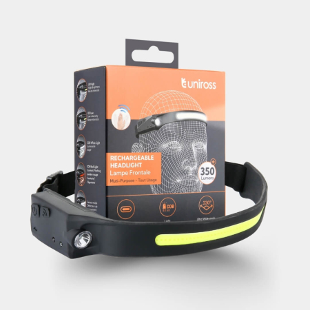 Lanterna frontala Uniross, 350 lm reincarcabila USB-C, fascicul luminos cu unghi larg de 230° IP44 [1]