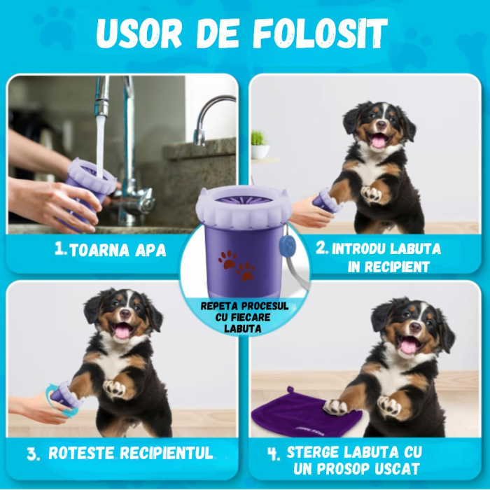 Spalator portabil pentru indepartarea murdariei, noroiului de pe labutele animalelor de companie, ADLUMUS, Recipient cu peri din silicon pe interior, Catei, Pisici, Mov [6]