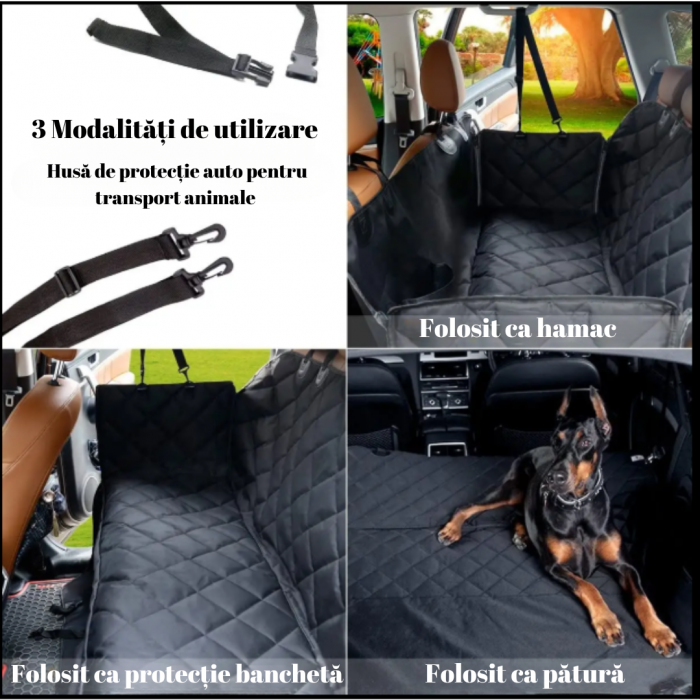 Husa de protectie auto bancheta spate si portbagaj, transport animale caini si pisici, universala, ADLUMUS, impermeabila, antialunecare, 137x147 cm, Neagra [7]
