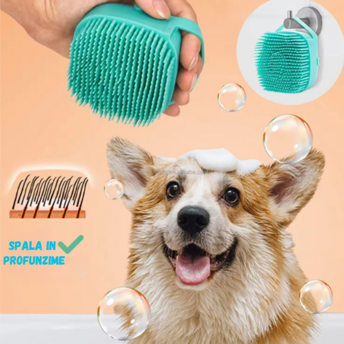 Perie pentru spalatul animalelor de companie, Catei, Pisici, ADLUMUS, Peri din Silicon, Multifunctionala, Rezervor de sampon incorporat, ideala pentru masaj si curatarea blanitei, Verde [13]