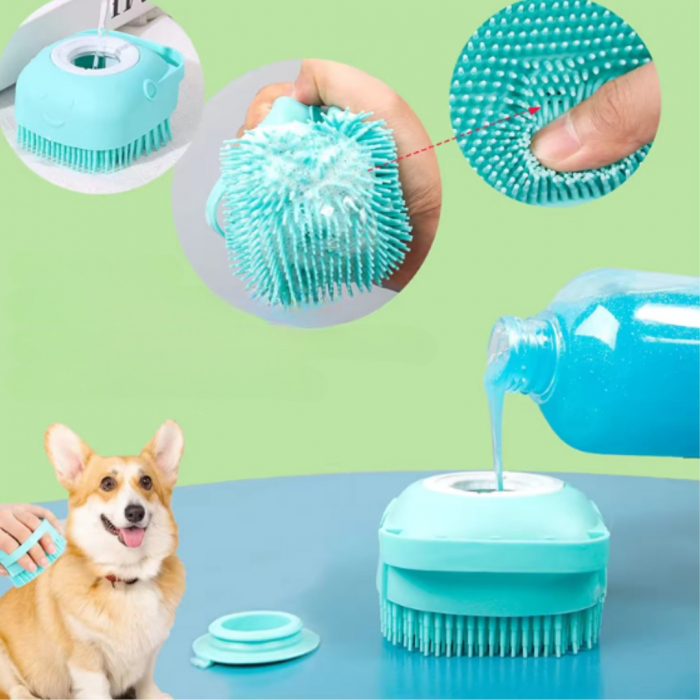 Perie pentru spalatul animalelor de companie, Catei, Pisici, ADLUMUS, Peri din Silicon, Multifunctionala, Rezervor de sampon incorporat, ideala pentru masaj si curatarea blanitei, Verde [9]