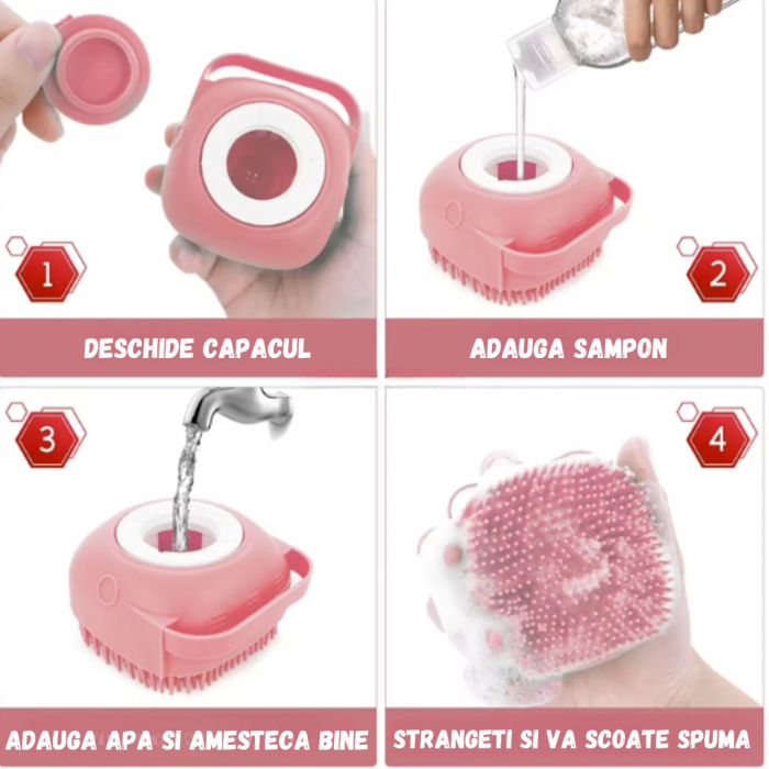 Perie pentru spalatul animalelor de companie, Catei, Pisici, ADLUMUS, Peri din Silicon, Multifunctionala, Rezervor de sampon incorporat, ideala pentru masaj si curatarea blanitei,Roz [4]