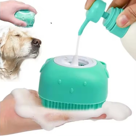 Perie pentru spalatul animalelor de companie, Catei, Pisici, ADLUMUS, Peri din Silicon, Multifunctionala, Rezervor de sampon incorporat, ideala pentru masaj si curatarea blanitei, Verde [5]