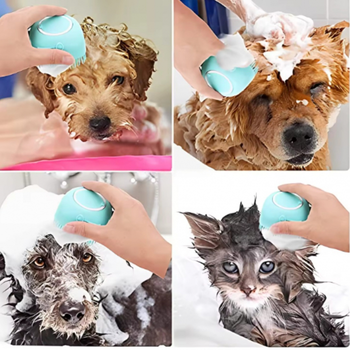 Perie pentru spalatul animalelor de companie, Catei, Pisici, ADLUMUS, Peri din Silicon, Multifunctionala, Rezervor de sampon incorporat, ideala pentru masaj si curatarea blanitei, Verde [10]