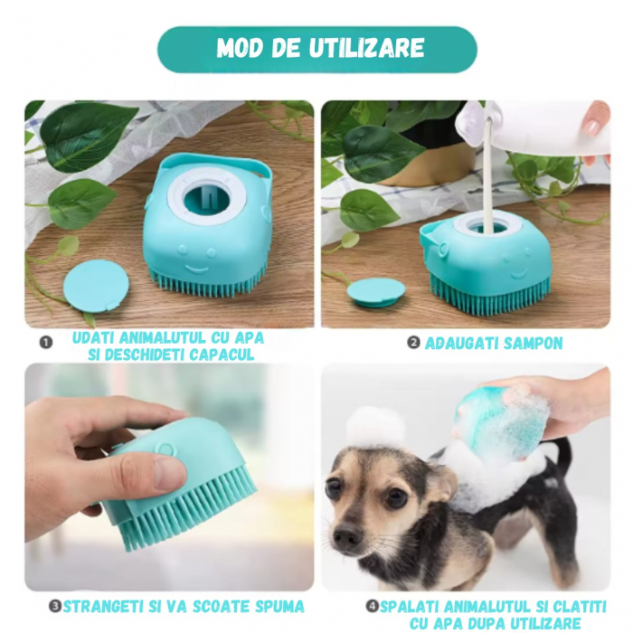 Perie pentru spalatul animalelor de companie, Catei, Pisici, ADLUMUS, Peri din Silicon, Multifunctionala, Rezervor de sampon incorporat, ideala pentru masaj si curatarea blanitei, Verde [4]