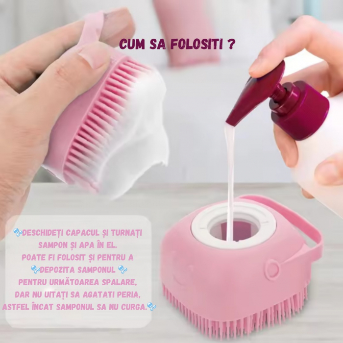 Perie pentru spalatul animalelor de companie, Catei, Pisici, ADLUMUS, Peri din Silicon, Multifunctionala, Rezervor de sampon incorporat, ideala pentru masaj si curatarea blanitei,Roz [2]