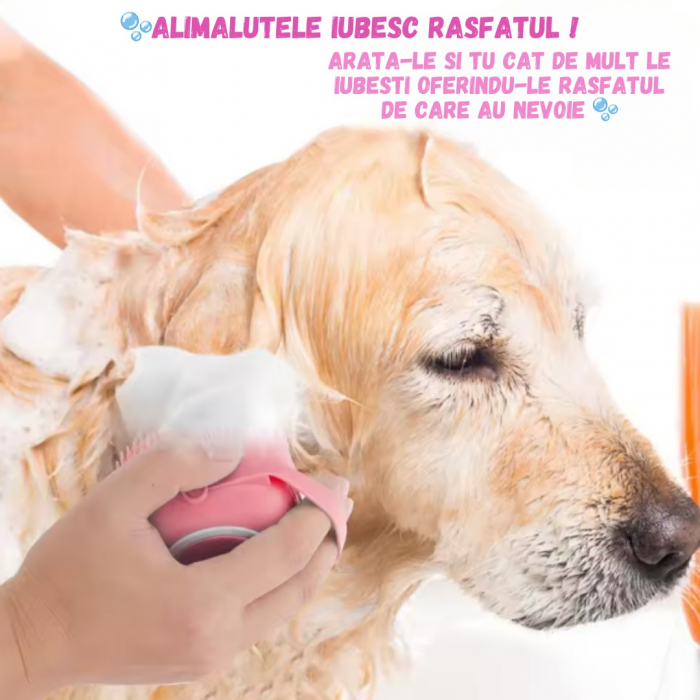 Perie pentru spalatul animalelor de companie, Catei, Pisici, ADLUMUS, Peri din Silicon, Multifunctionala, Rezervor de sampon incorporat, ideala pentru masaj si curatarea blanitei,Roz [10]