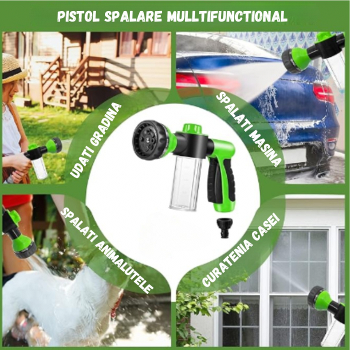 Pistol de spalare cu presiune pentru animale de companie, Catei, Pisici, ADLUMUS, 8 tipuri reglabile de stropire, Recipient de spuma atasat, Util, Multifunctional, Verde/ Negru. [3]