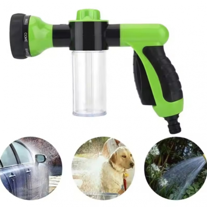 Pistol de spalare cu presiune pentru animale de companie, Catei, Pisici, ADLUMUS, 8 tipuri reglabile de stropire, Recipient de spuma atasat, Util, Multifunctional, Verde/ Negru. [2]