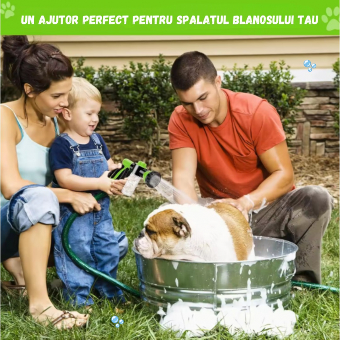 Pistol de spalare cu presiune pentru animale de companie, Catei, Pisici, ADLUMUS, 8 tipuri reglabile de stropire, Recipient de spuma atasat, Util, Multifunctional, Verde/ Negru. [12]