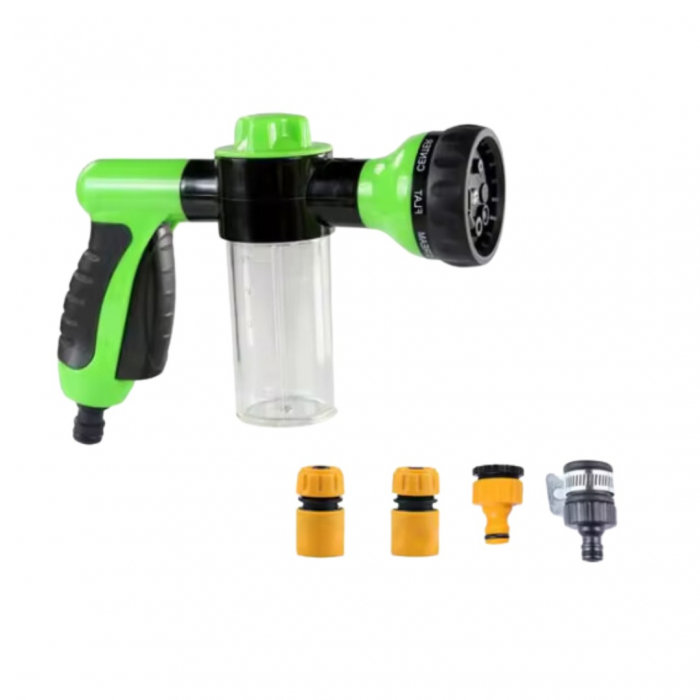 Pistol de spalare cu presiune pentru animale de companie, Catei, Pisici, ADLUMUS, 8 tipuri reglabile de stropire, Recipient de spuma atasat, Util, Multifunctional, Verde/ Negru. [14]