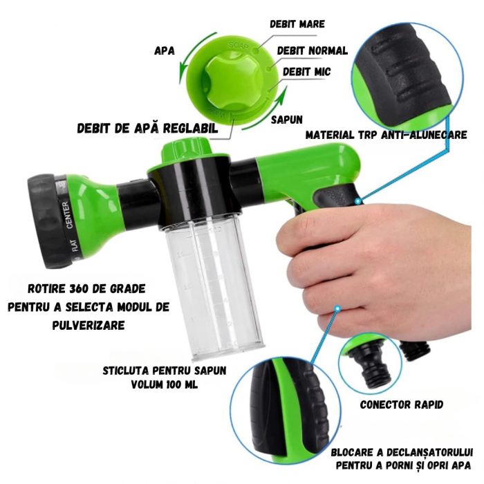 Pistol de spalare cu presiune pentru animale de companie, Catei, Pisici, ADLUMUS, 8 tipuri reglabile de stropire, Recipient de spuma atasat, Util, Multifunctional, Verde/ Negru. [10]