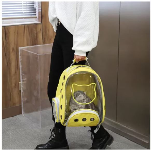 Rucsac transport animale de companie Pisica Catel, Galben, Tip Ghiozdan cu Geam Panoramic, multifunctional [4]