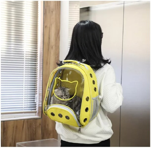 Rucsac transport animale de companie Pisica Catel, Galben, Tip Ghiozdan cu Geam Panoramic, multifunctional [3]