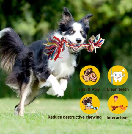 Jucărie de mestecat pentru curățarea dinților, ADLUMUS cu funii înnodate din bumbac non-toxic pentru animalute de companie, catei si pisici [1]