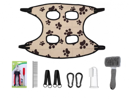 Produse - Set cu Hamac de marimea M pentru ingrijirea animalelor de companie ADLUMUS cu pila, cleste pentru gheare, perie, pieptan pentru descalcit parul si periuta de dinti din silicon