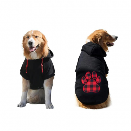 Hanorac negru cu gluga pentru catei de talie mica si medie, ADLUMUS, Dog Paw Print in carouri negru cu rosu [4]