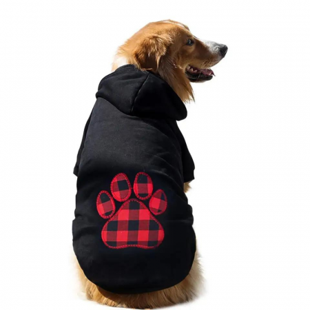 Hanorac negru cu gluga pentru catei de talie mica si medie, ADLUMUS, Dog Paw Print in carouri negru cu rosu [5]