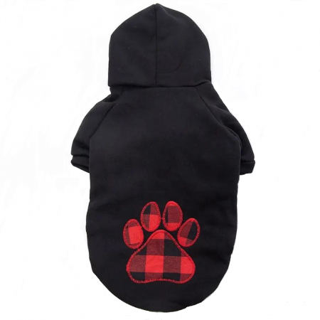 Produse - Hanorac negru cu gluga pentru catei de talie mica si medie, ADLUMUS, Dog Paw Print in carouri negru cu rosu