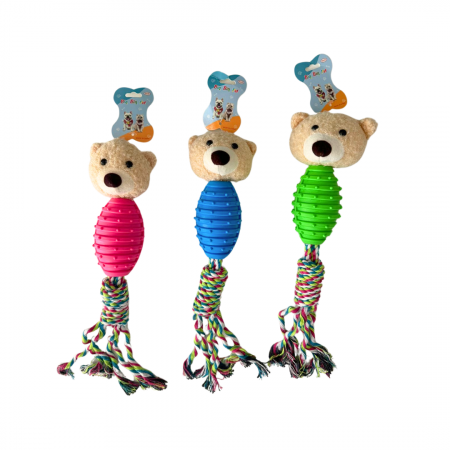 Jucărie de mestecat pentru curățarea dinților, ADLUMUS in forma de ursulet de plus si cauciuc cu funii înnodate din bumbac non-toxic pentru animalute de companie, catei si pisici [1]