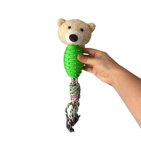 Produse - Jucărie de mestecat pentru curățarea dinților, ADLUMUS in forma de ursulet de plus si cauciuc cu funii înnodate din bumbac non-toxic pentru animalute de companie, catei si pisici