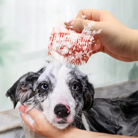 Perie pentru spalatul animalelor de companie, Catei, Pisici, ADLUMUS, Peri din Silicon, Multifunctionala, Rezervor de sampon incorporat, ideala pentru masaj si curatarea blanitei,Roz [6]