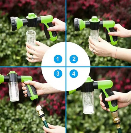 Pistol de spalare cu presiune pentru animale de companie, Catei, Pisici, ADLUMUS, 8 tipuri reglabile de stropire, Recipient de spuma atasat, Util, Multifunctional, Verde/ Negru. [7]