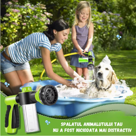 Pistol de spalare cu presiune pentru animale de companie, Catei, Pisici, ADLUMUS, 8 tipuri reglabile de stropire, Recipient de spuma atasat, Util, Multifunctional, Verde/ Negru. [4]
