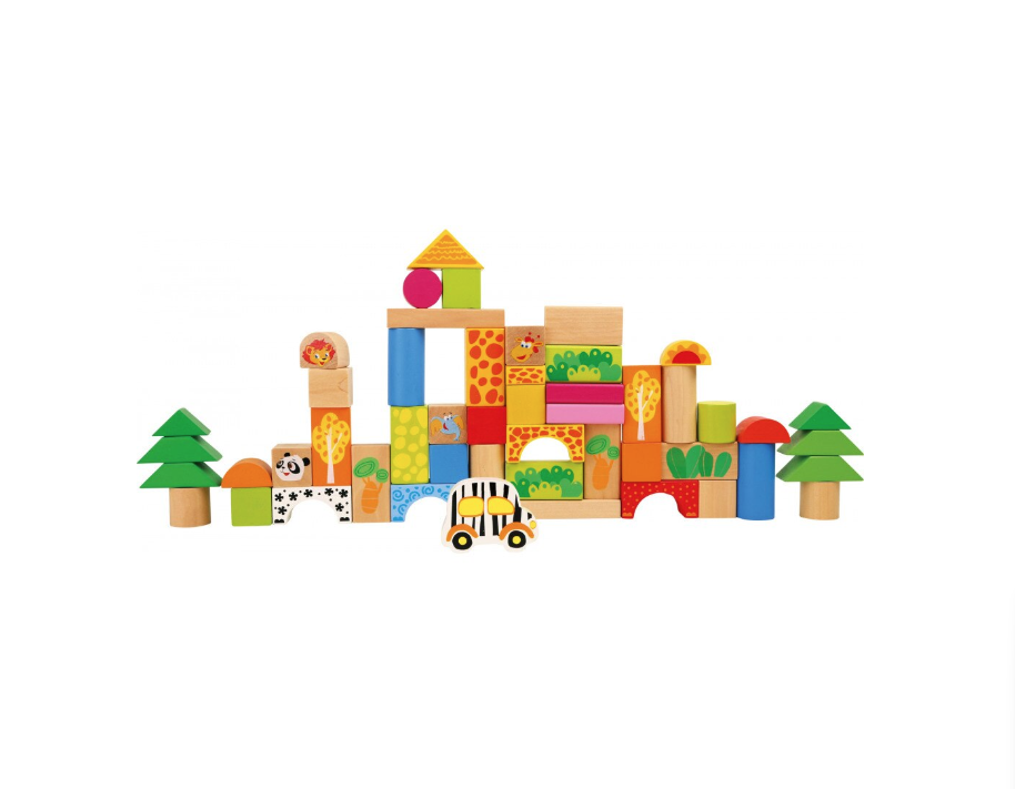 Blocuri de constructie din lemn, jucarie educativa Zoo, 50 de piese, 6x6x3cm, Multicolor [3]
