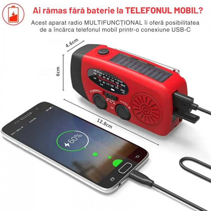 Radio de urgenta Multifunctional HM-071 rosu – solar, USB-C, lanterna, sirena, Power Bank [5]