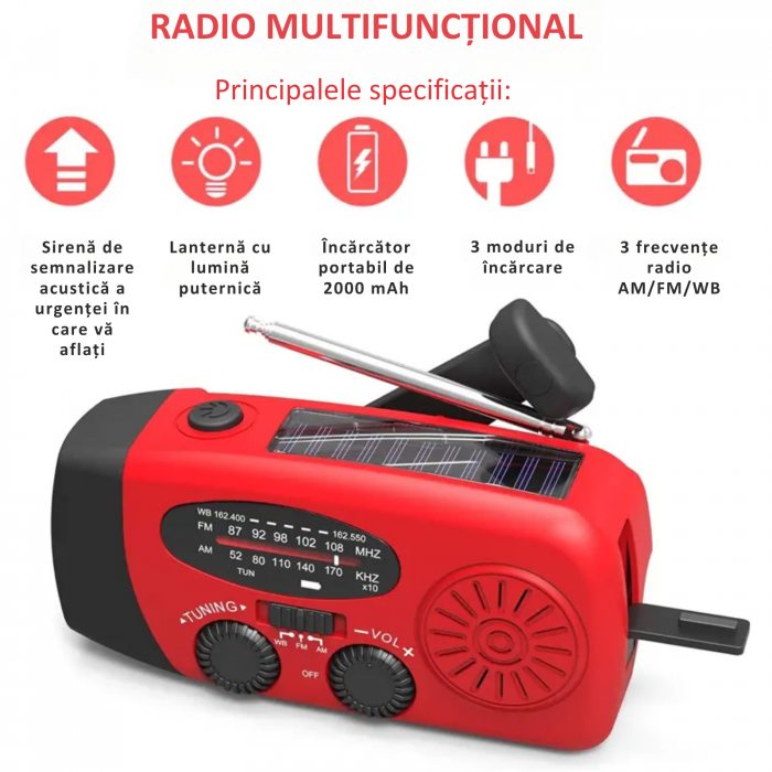 Radio de urgenta Multifunctional HM-071 rosu – solar, USB-C, lanterna, sirena, Power Bank [4]