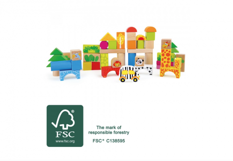 JUCARII SIGURE - Blocuri de constructie din lemn, jucarie educativa Zoo, 50 de piese, 6x6x3cm, Multicolor