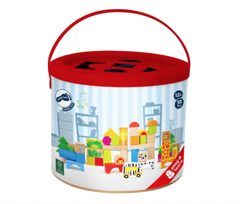 Blocuri de constructie din lemn, jucarie educativa Zoo, 50 de piese, 6x6x3cm, Multicolor [1]