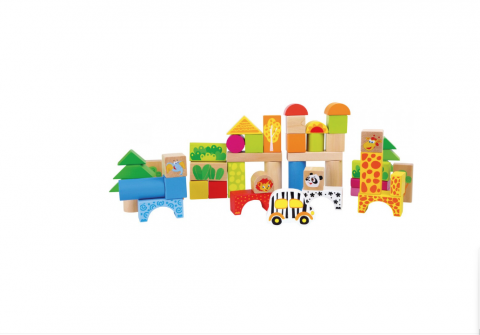 Blocuri de constructie din lemn, jucarie educativa Zoo, 50 de piese, 6x6x3cm, Multicolor [3]