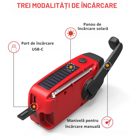 Radio de urgenta Multifunctional HM-071 rosu – solar, USB-C, lanterna, sirena, Power Bank [2]