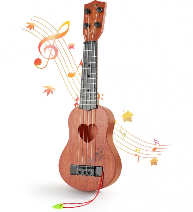 Chitara de jucarie cu corzi, din plastic, culoare maro-roscat, 34cm [6]