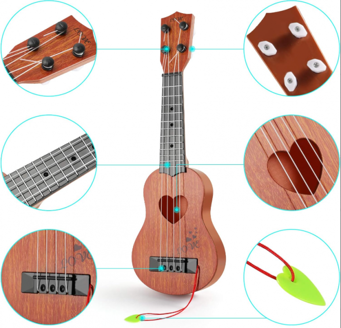 Chitara de jucarie cu corzi, din plastic, culoare maro-roscat, 34cm [3]
