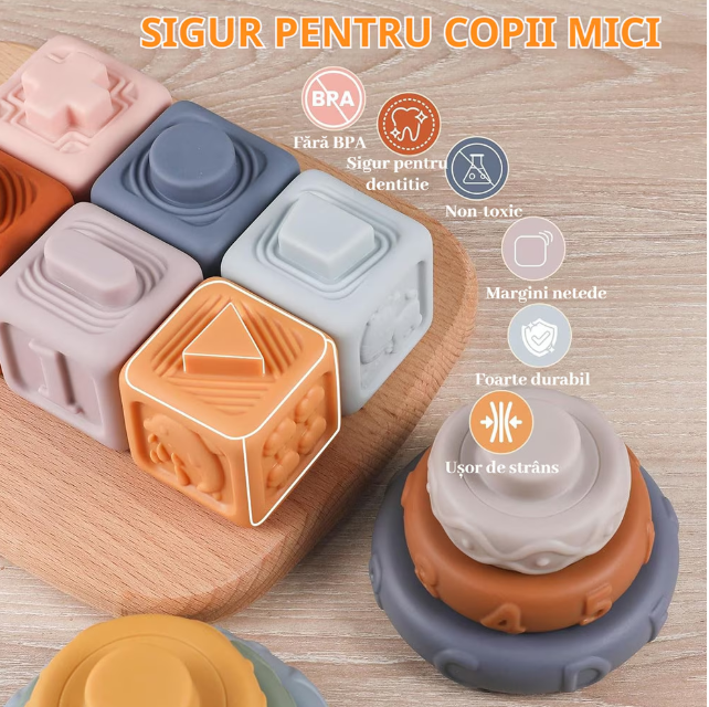 Jucarie educativa Montessori Ælements®, set 4 in 1, interactiva, pentru bebelusi si copii, de la 6 luni, pentru dezvoltare senzoriala, dentitie, din silicon non-toxic, fara BPA, Multicolor [8]