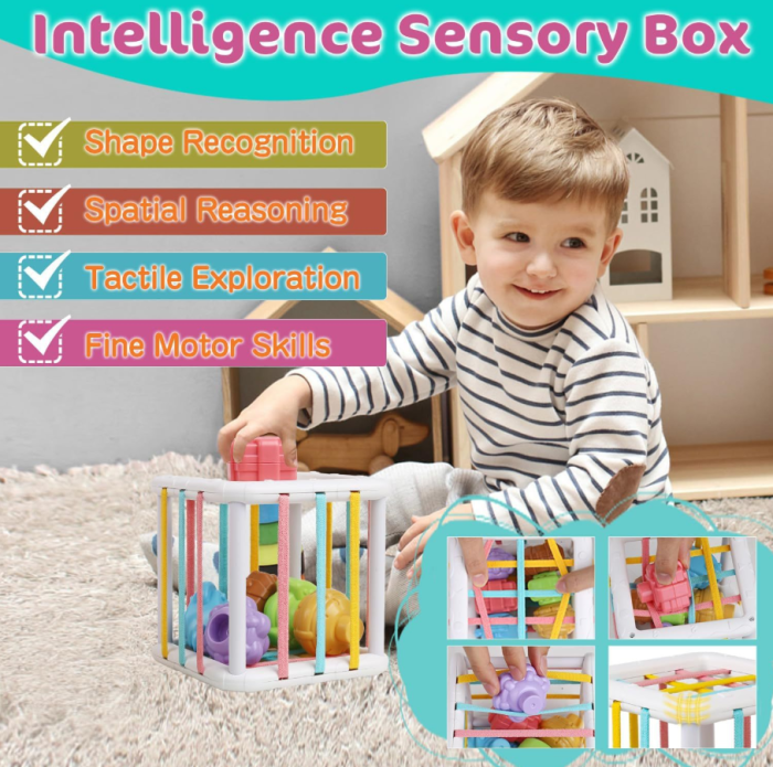 Jucarie educativa Montessori Ælements®, set 4 in 1, interactiva, pentru bebelusi si copii, de la 6 luni, pentru dezvoltare senzoriala, dentitie, din silicon non-toxic, fara BPA, Multicolor [6]