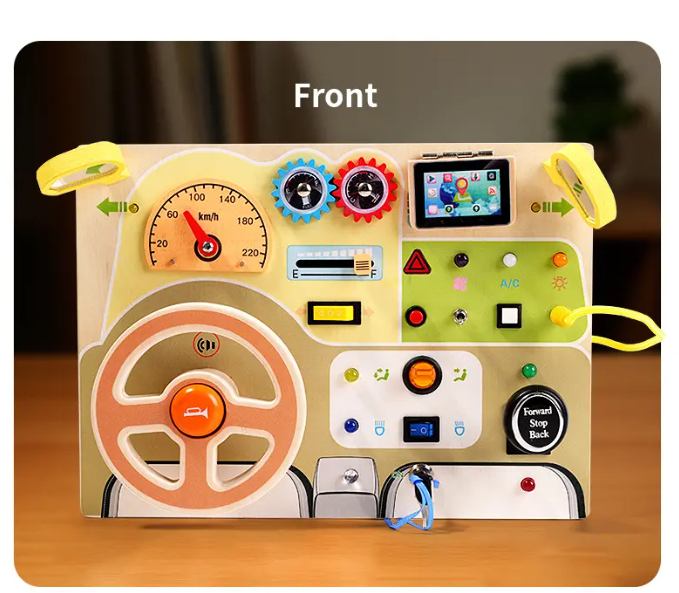 Placa busy board Montessori, din lemn, Cu Volan, Schimbator, Butoane Senzoriale, Alfabet Multicolor Pe Spate, 30 x 22cm [6]