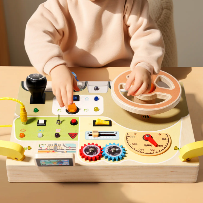 Placa busy board Montessori, din lemn, Cu Volan, Schimbator, Butoane Senzoriale, Alfabet Multicolor Pe Spate, 30 x 22cm [5]