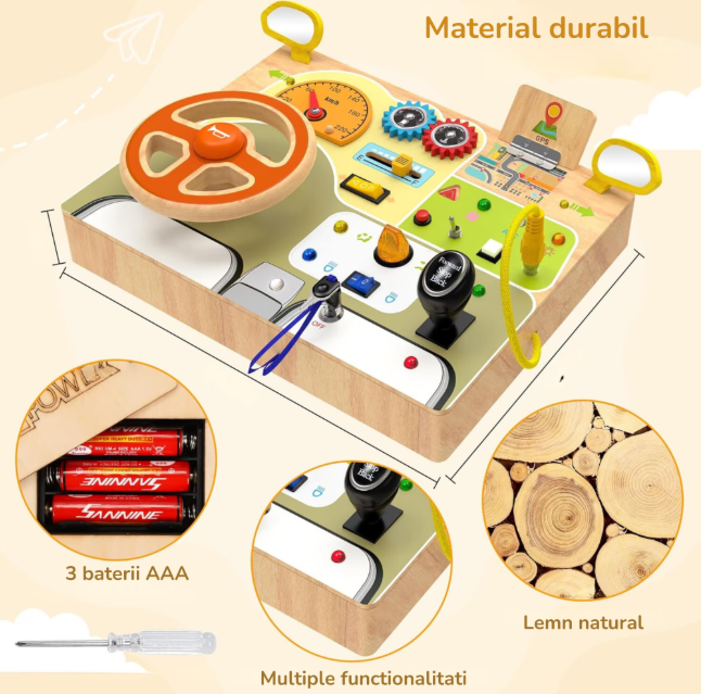 Placa busy board Montessori, din lemn, Cu Volan, Schimbator, Butoane Senzoriale, Alfabet Multicolor Pe Spate, 30 x 22cm [8]