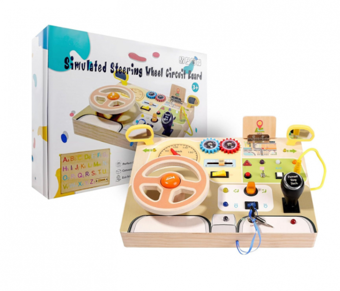 Placa busy board Montessori, din lemn, Cu Volan, Schimbator, Butoane Senzoriale, Alfabet Multicolor Pe Spate, 30 x 22cm [4]